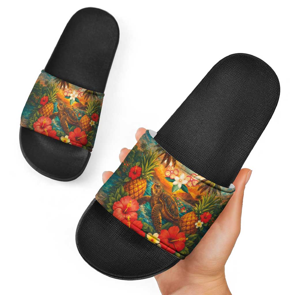 Hawaiian Turtles on Beach Slide Sandals with Pineapple Tropical Plant and Lei LT03 - Polynesian Pride
