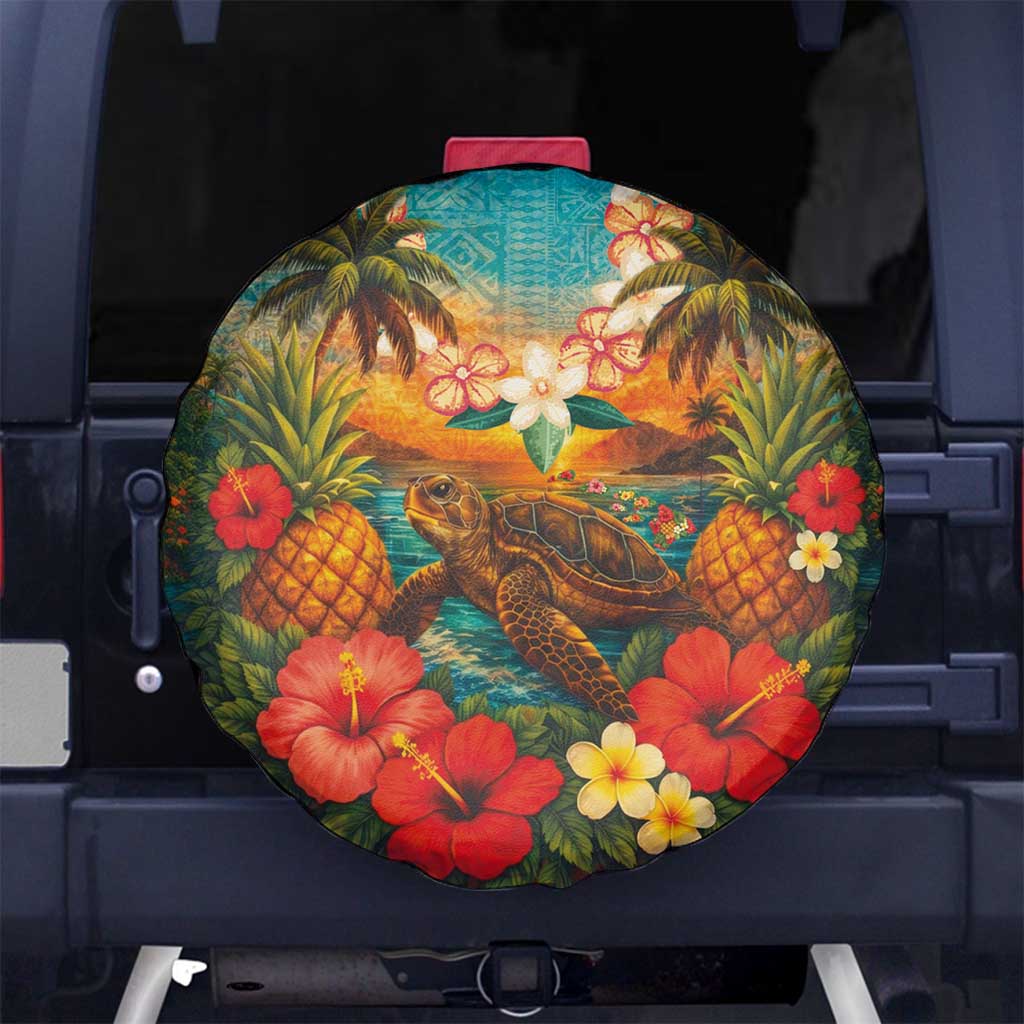 Hawaiian Turtles on Beach Spare Tire Cover with Pineapple Tropical Plant and Lei