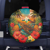 Hawaiian Turtles on Beach Spare Tire Cover with Pineapple Tropical Plant and Lei