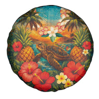 Hawaiian Turtles on Beach Spare Tire Cover with Pineapple Tropical Plant and Lei