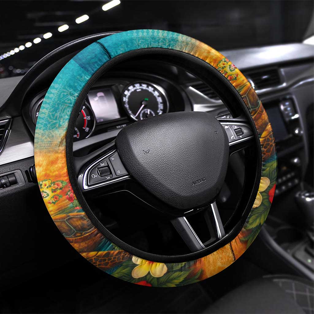 Hawaiian Turtles on Beach Steering Wheel Cover with Pineapple Tropical Plant and Lei