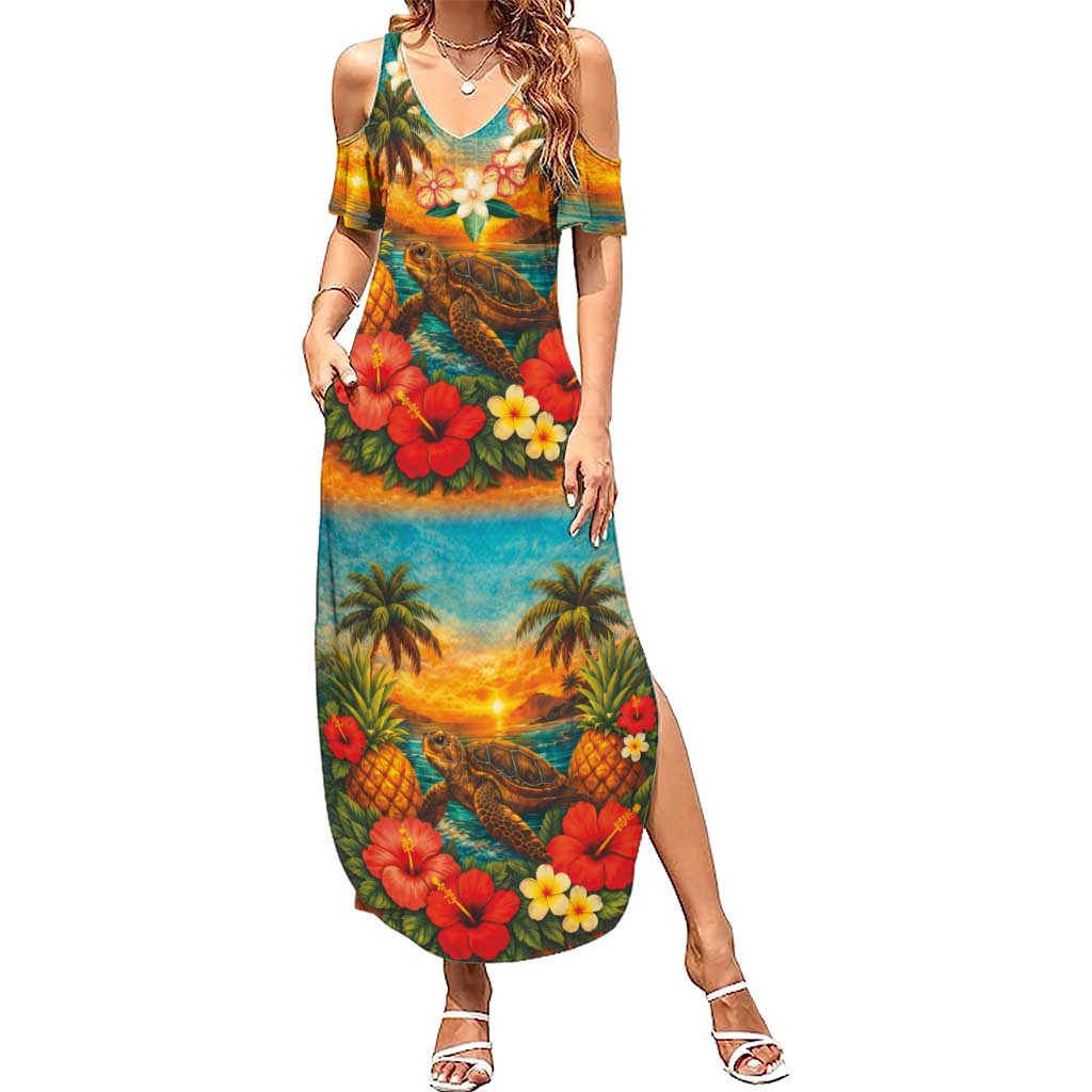 Hawaiian Turtles on Beach Summer Maxi Dress with Pineapple Tropical Plant and Lei LT03 Women Multicolor - Polynesian Pride