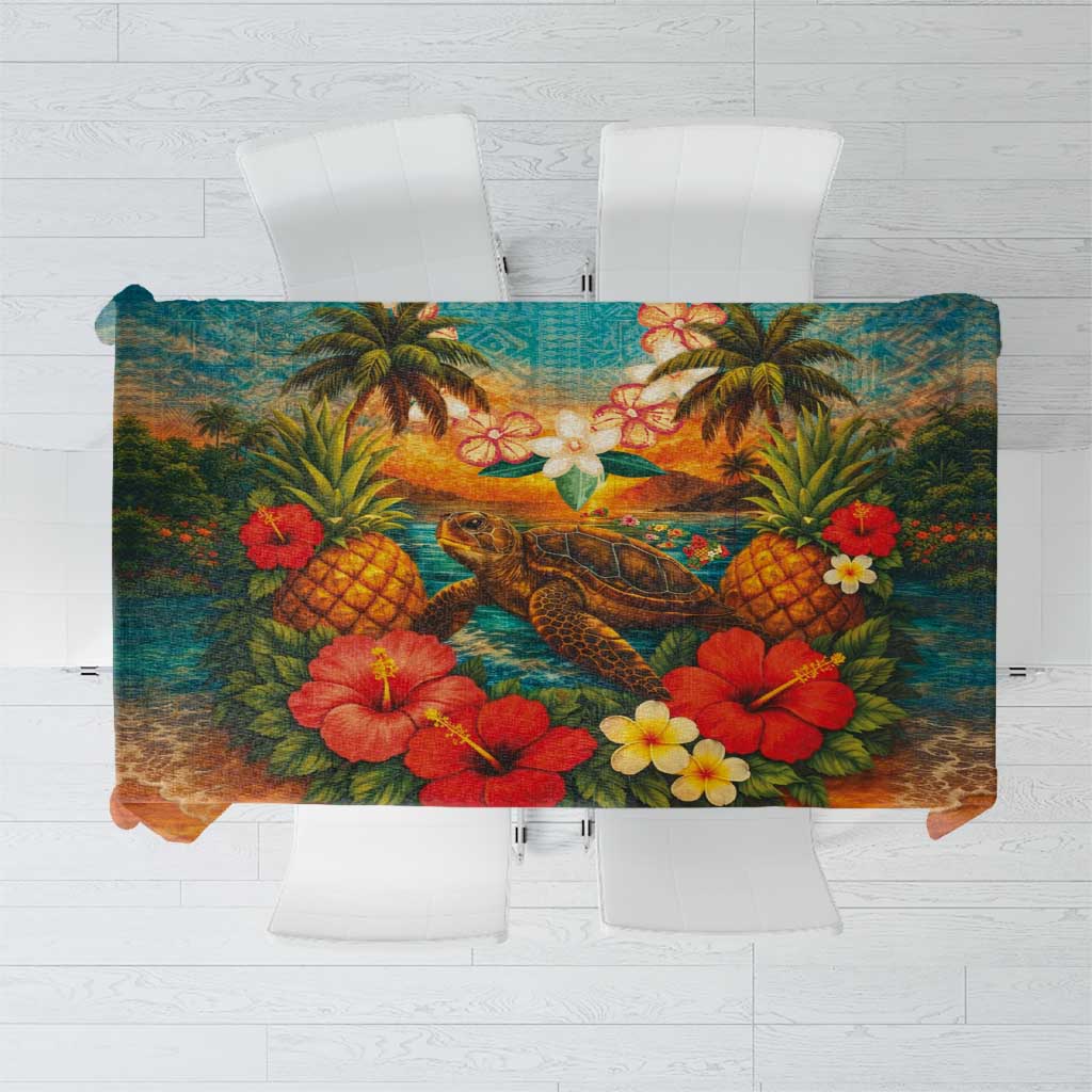 Hawaiian Turtles on Beach Tablecloth with Pineapple Tropical Plant and Lei