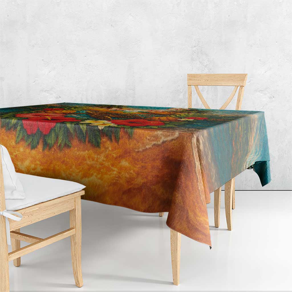 Hawaiian Turtles on Beach Tablecloth with Pineapple Tropical Plant and Lei