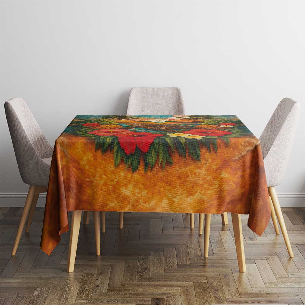 Hawaiian Turtles on Beach Tablecloth with Pineapple Tropical Plant and Lei