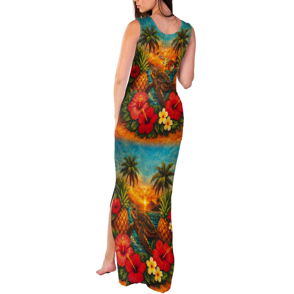 Hawaiian Turtles on Beach Tank Maxi Dress with Pineapple Tropical Plant and Lei LT03 - Polynesian Pride
