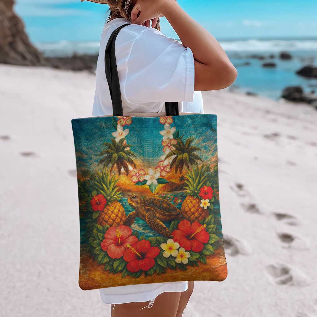 Hawaiian Turtles on Beach Tote Bag with Pineapple Tropical Plant and Lei LT03 - Polynesian Pride