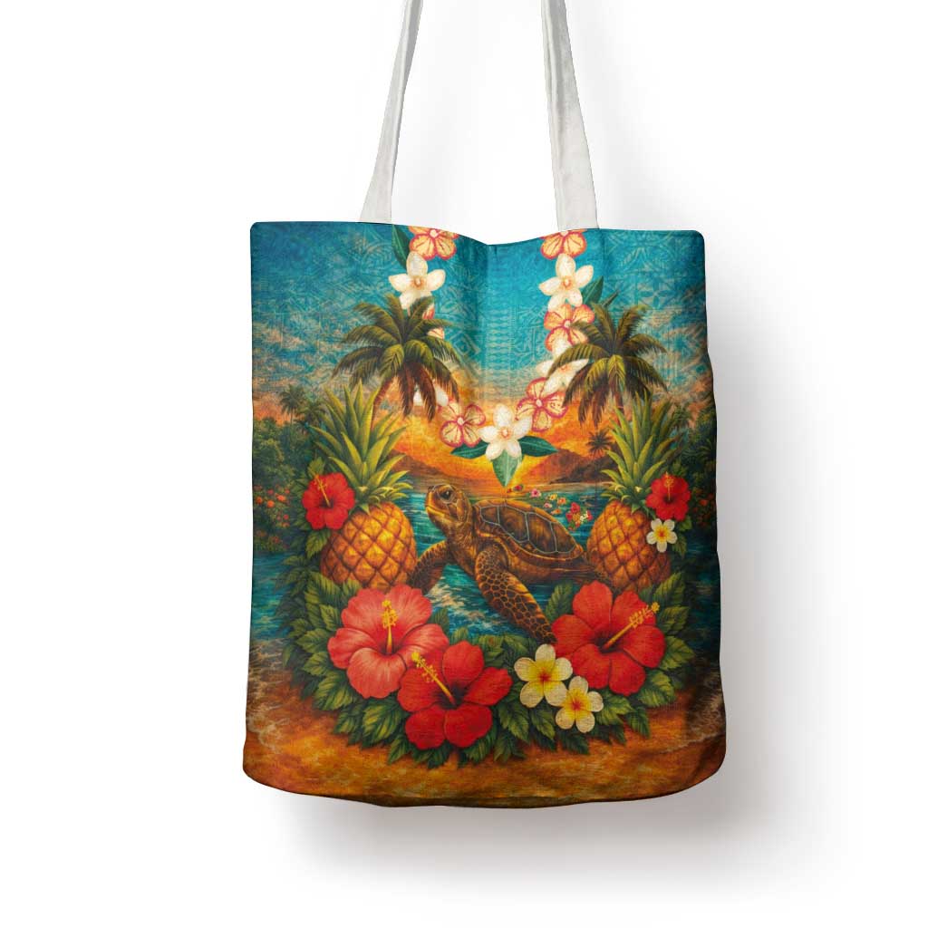 Hawaiian Turtles on Beach Tote Bag with Pineapple Tropical Plant and Lei LT03 - Polynesian Pride