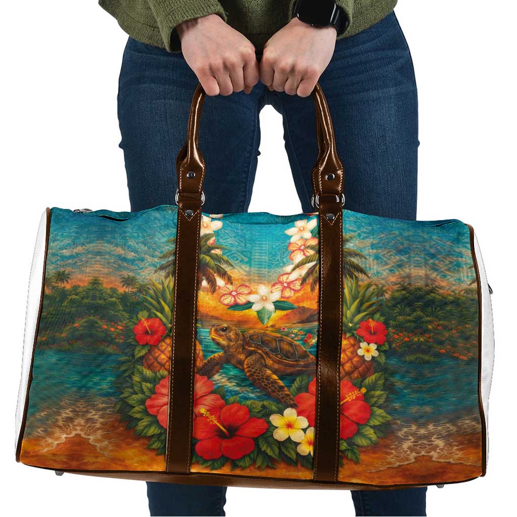 Hawaiian Turtles on Beach Travel Bag with Pineapple Tropical Plant and Lei