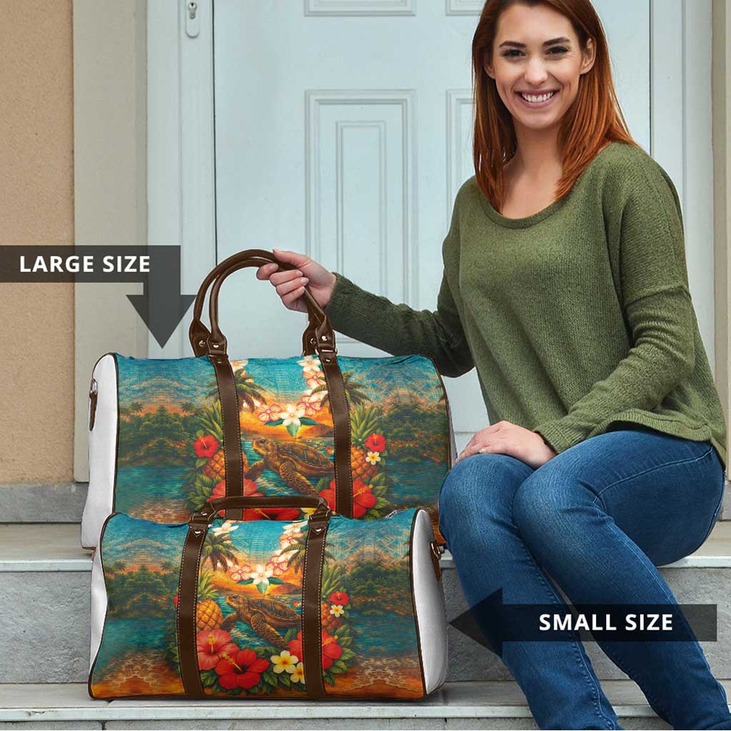 Hawaiian Turtles on Beach Travel Bag with Pineapple Tropical Plant and Lei