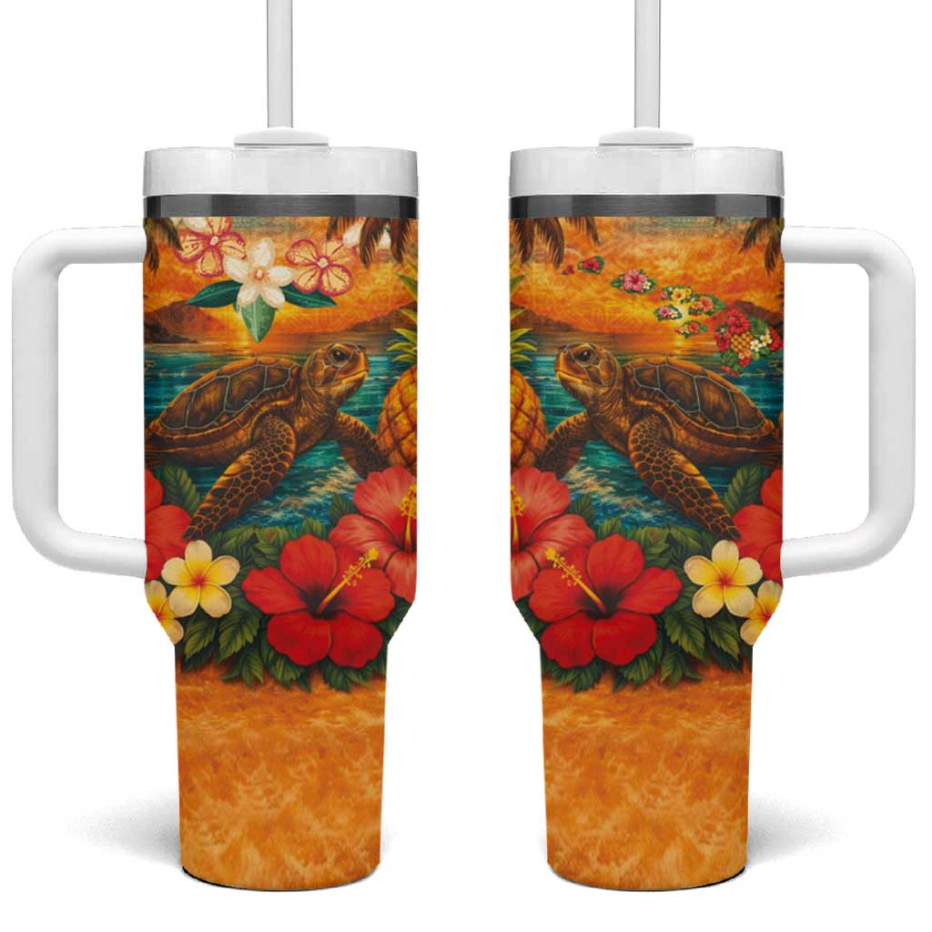 Hawaiian Turtles on Beach Tumbler With Handle with Pineapple Tropical Plant and Lei LT03 One Size: 40 oz Multicolor - Polynesian Pride