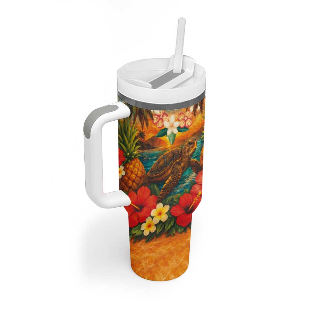Hawaiian Turtles on Beach Tumbler With Handle with Pineapple Tropical Plant and Lei LT03 - Polynesian Pride