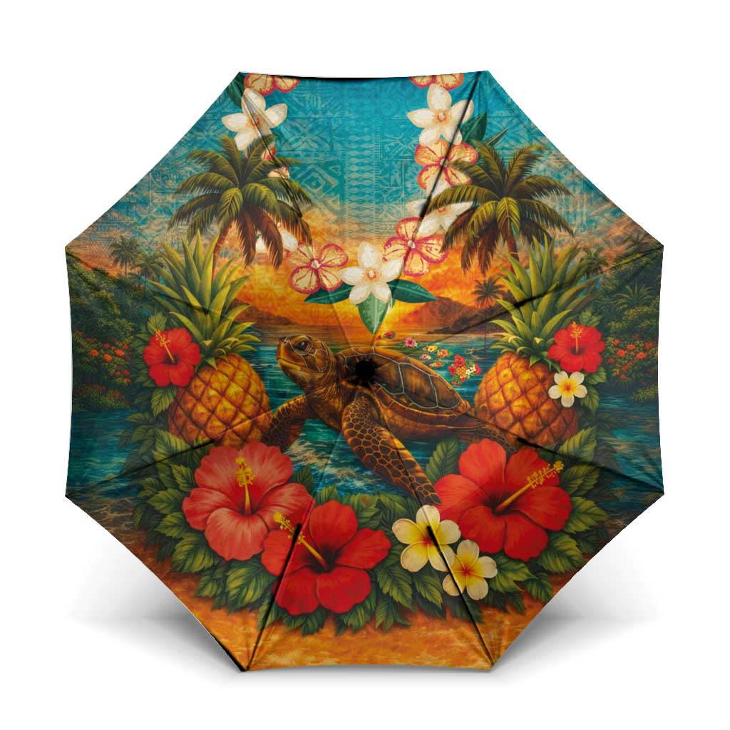 Hawaiian Turtles on Beach Umbrella with Pineapple Tropical Plant and Lei