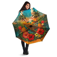 Hawaiian Turtles on Beach Umbrella with Pineapple Tropical Plant and Lei