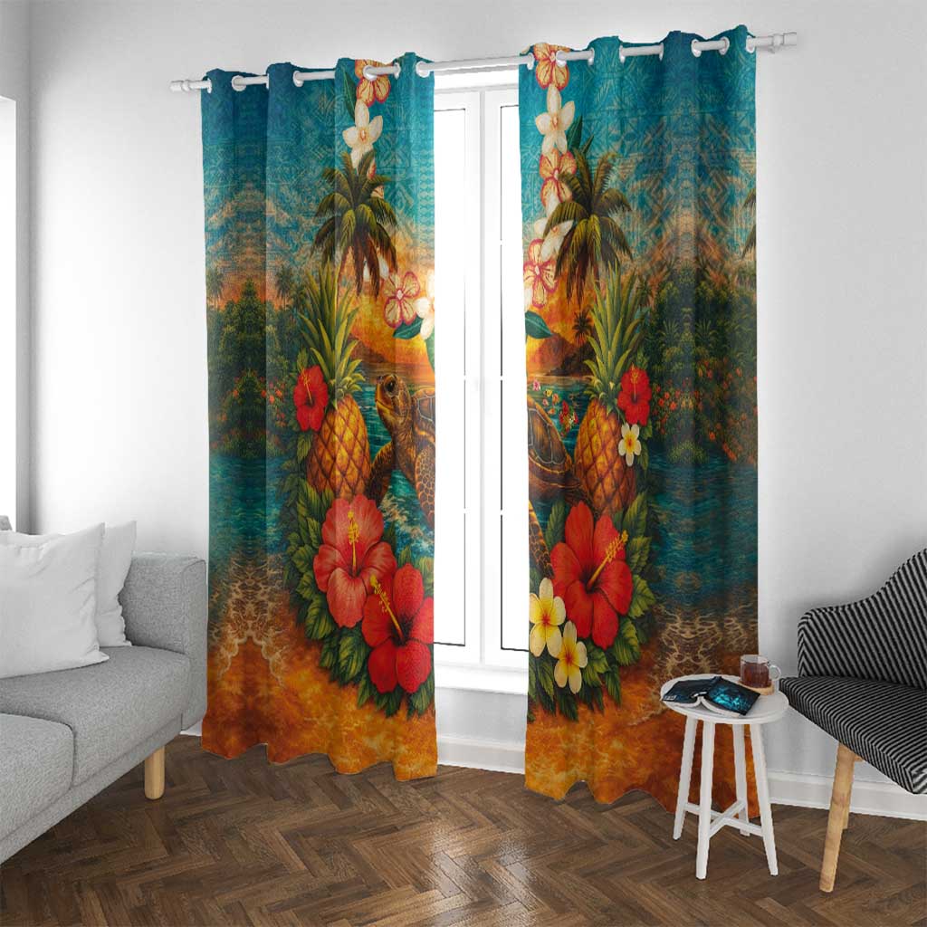 Hawaiian Turtles on Beach Window Curtain with Pineapple Tropical Plant and Lei LT03 With Grommets Multicolor - Polynesian Pride