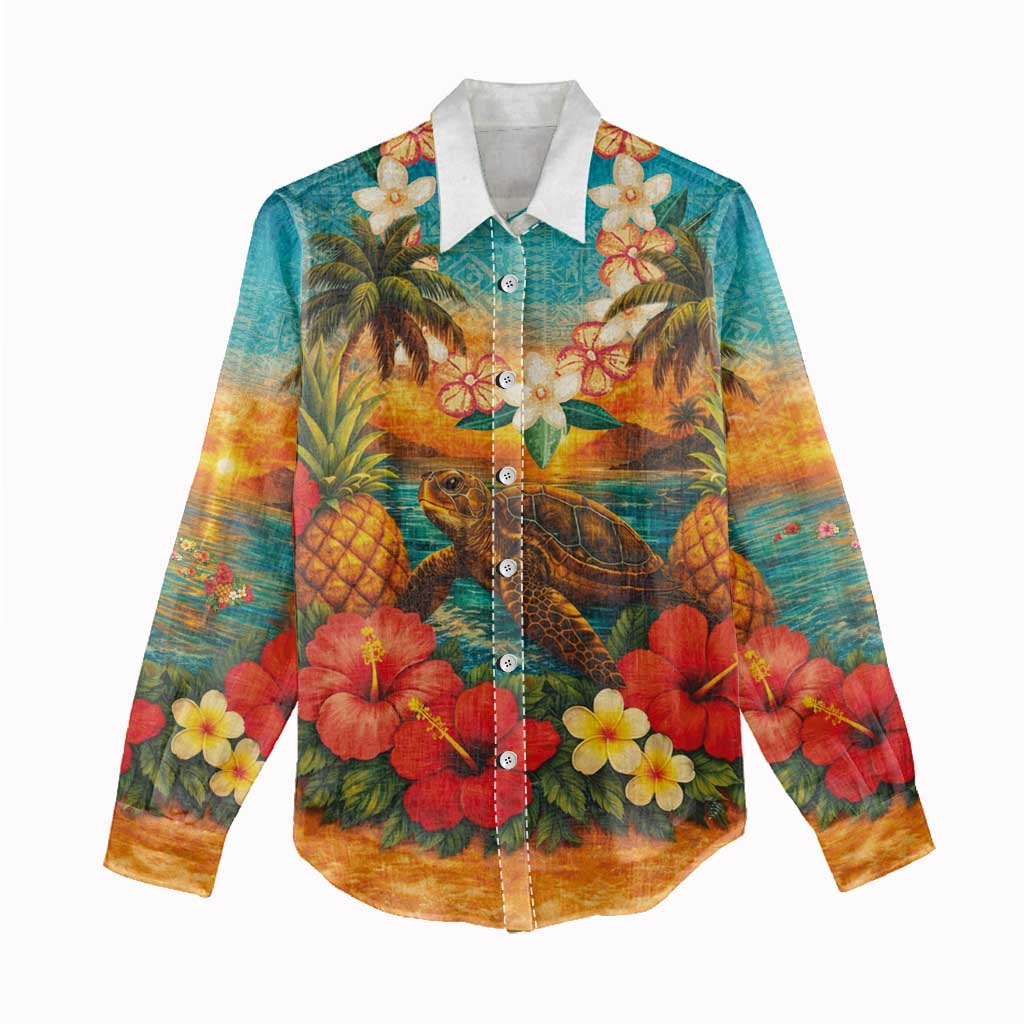 Hawaiian Turtles on Beach Women Casual Shirt with Pineapple Tropical Plant and Lei LT03 - Polynesian Pride