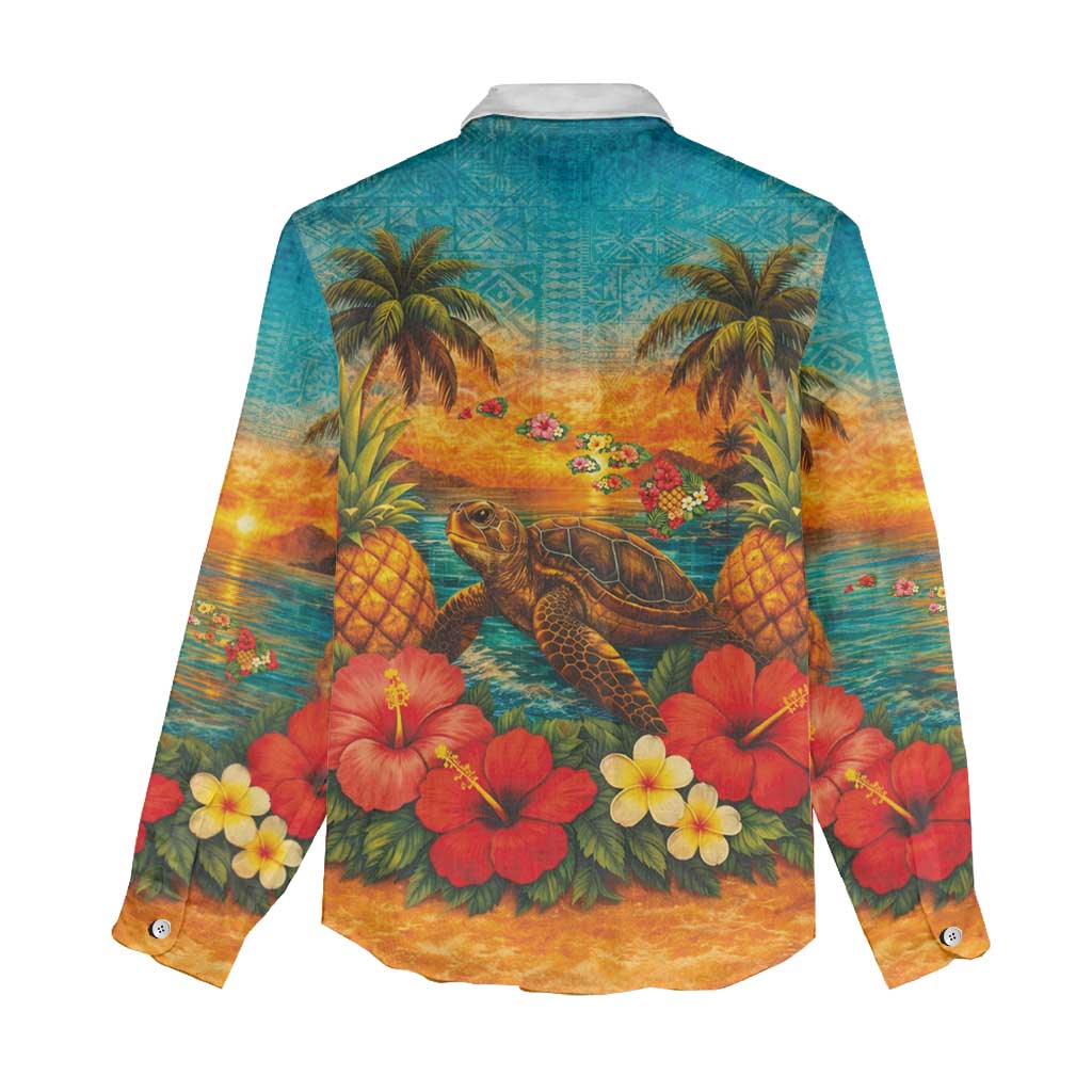 Hawaiian Turtles on Beach Women Casual Shirt with Pineapple Tropical Plant and Lei LT03 - Polynesian Pride