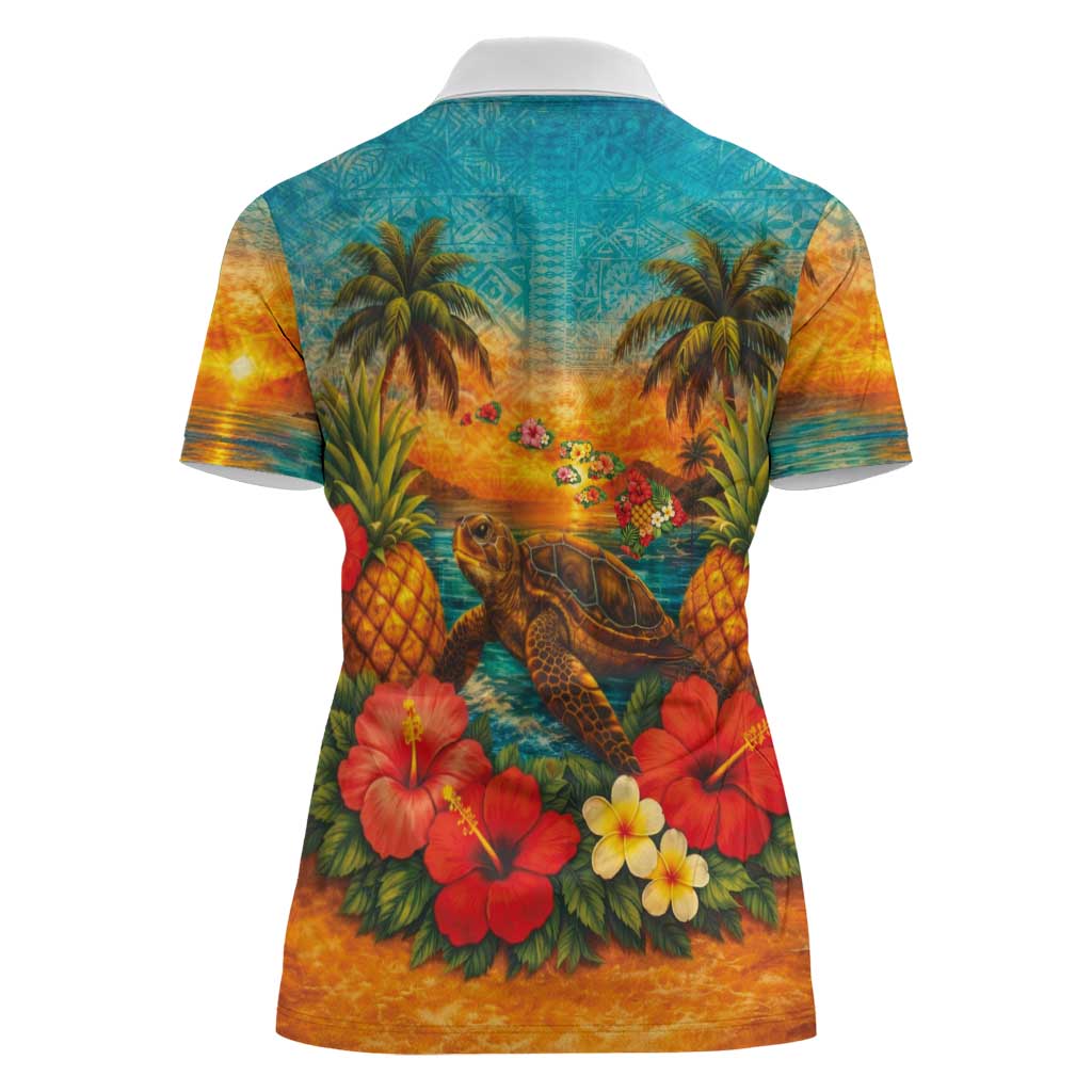 Hawaiian Turtles on Beach Women Polo Shirt with Pineapple Tropical Plant and Lei