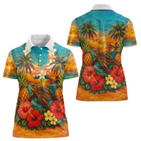 Hawaiian Turtles on Beach Women Polo Shirt with Pineapple Tropical Plant and Lei