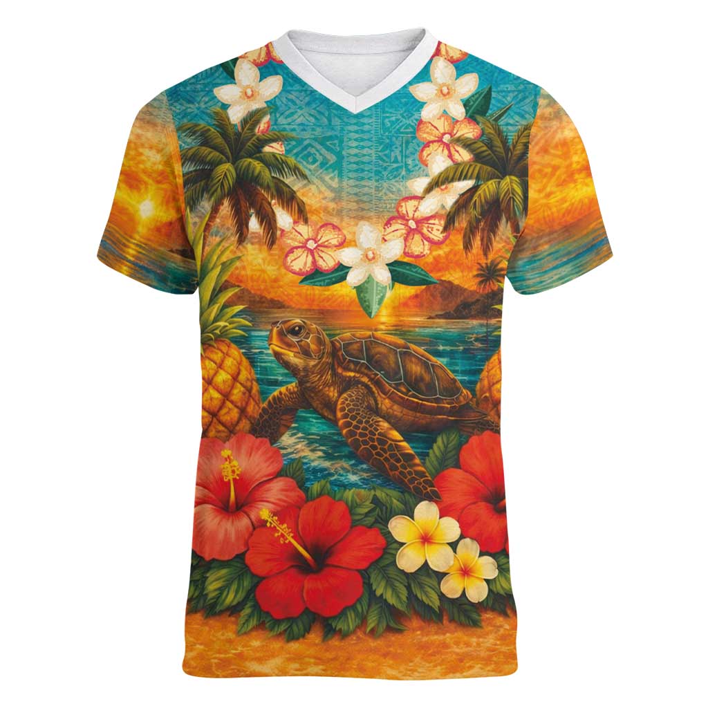 Hawaiian Turtles on Beach Women V-Neck T-Shirt with Pineapple Tropical Plant and Lei LT03 Female Multicolor - Polynesian Pride