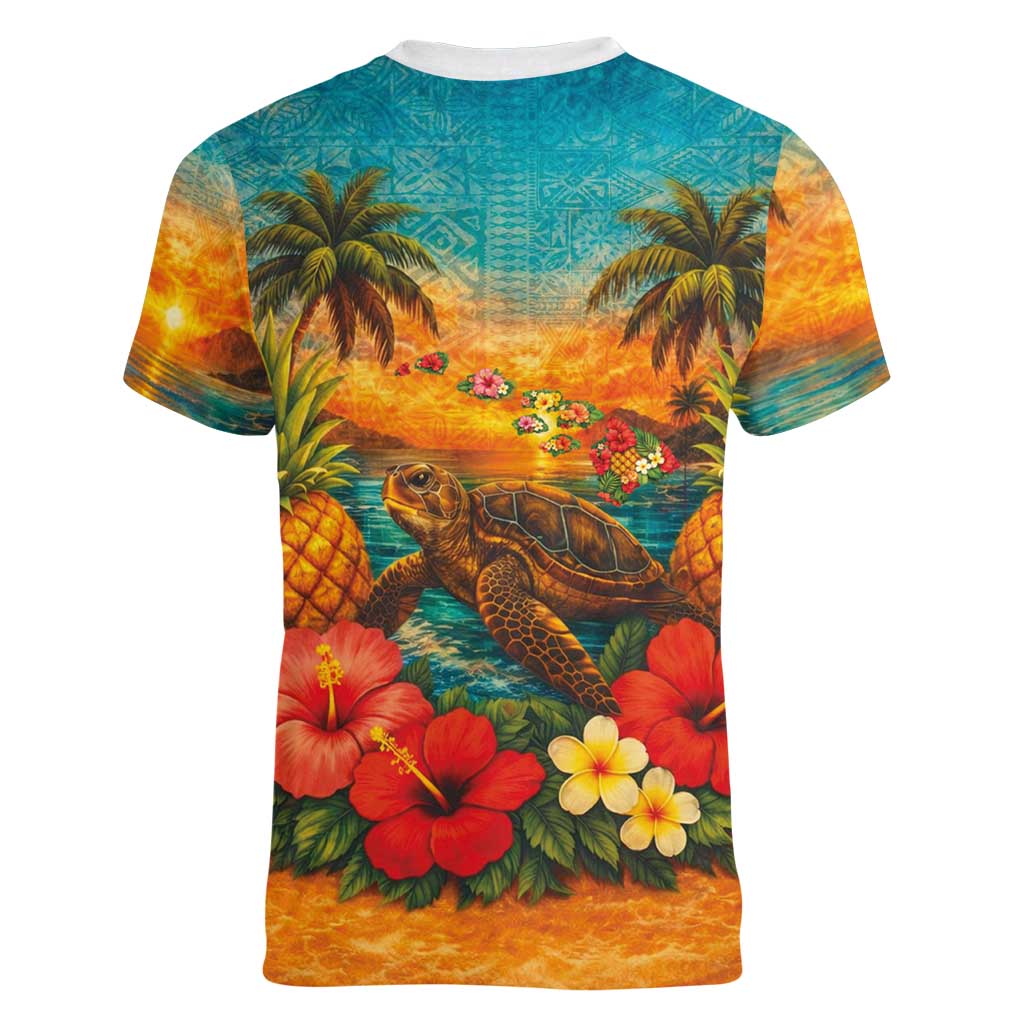 Hawaiian Turtles on Beach Women V-Neck T-Shirt with Pineapple Tropical Plant and Lei LT03 - Polynesian Pride