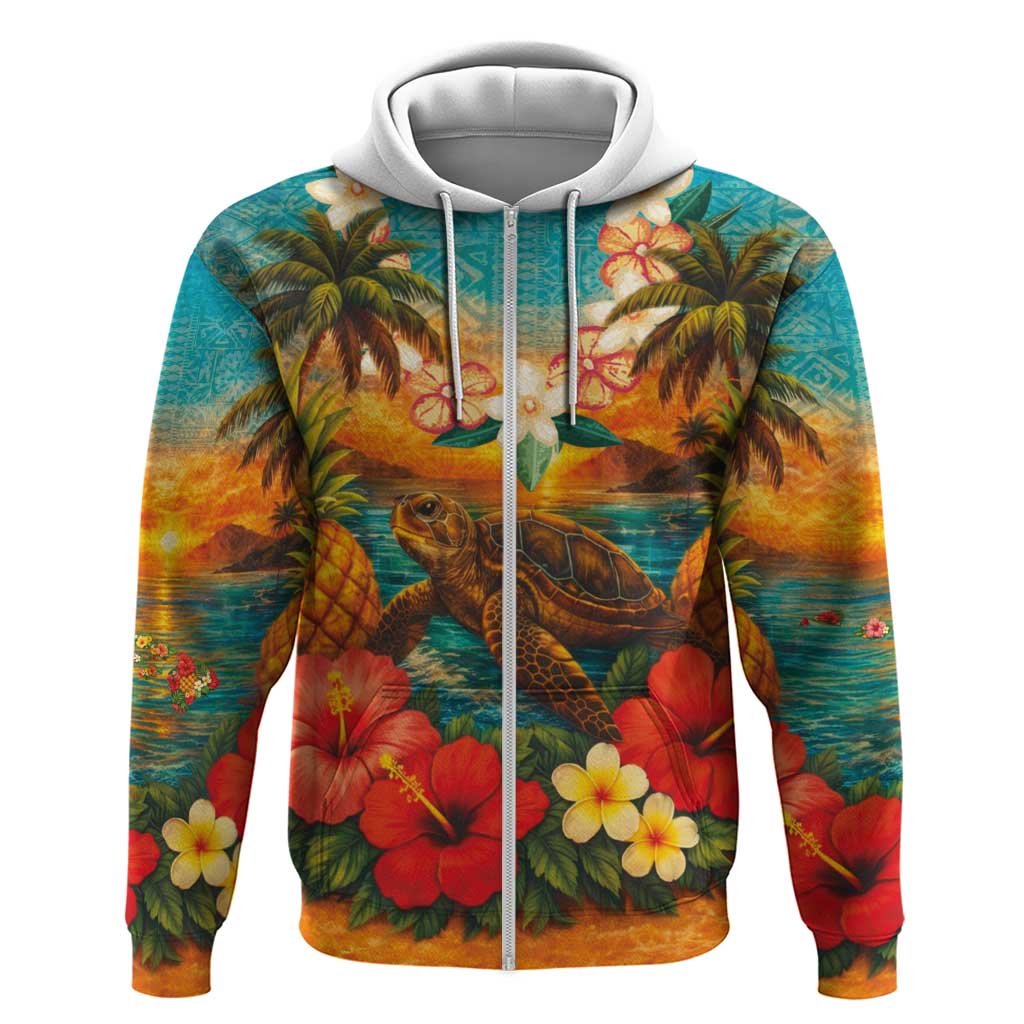 Hawaiian Turtles on Beach Zip Hoodie with Pineapple Tropical Plant and Lei