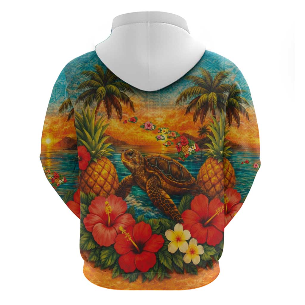 Hawaiian Turtles on Beach Zip Hoodie with Pineapple Tropical Plant and Lei