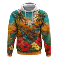 Hawaiian Turtles on Beach Zip Hoodie with Pineapple Tropical Plant and Lei