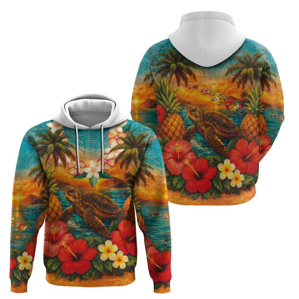 Hawaiian Turtles on Beach Zip Hoodie with Pineapple Tropical Plant and Lei