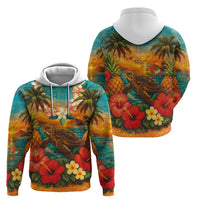 Hawaiian Turtles on Beach Zip Hoodie with Pineapple Tropical Plant and Lei