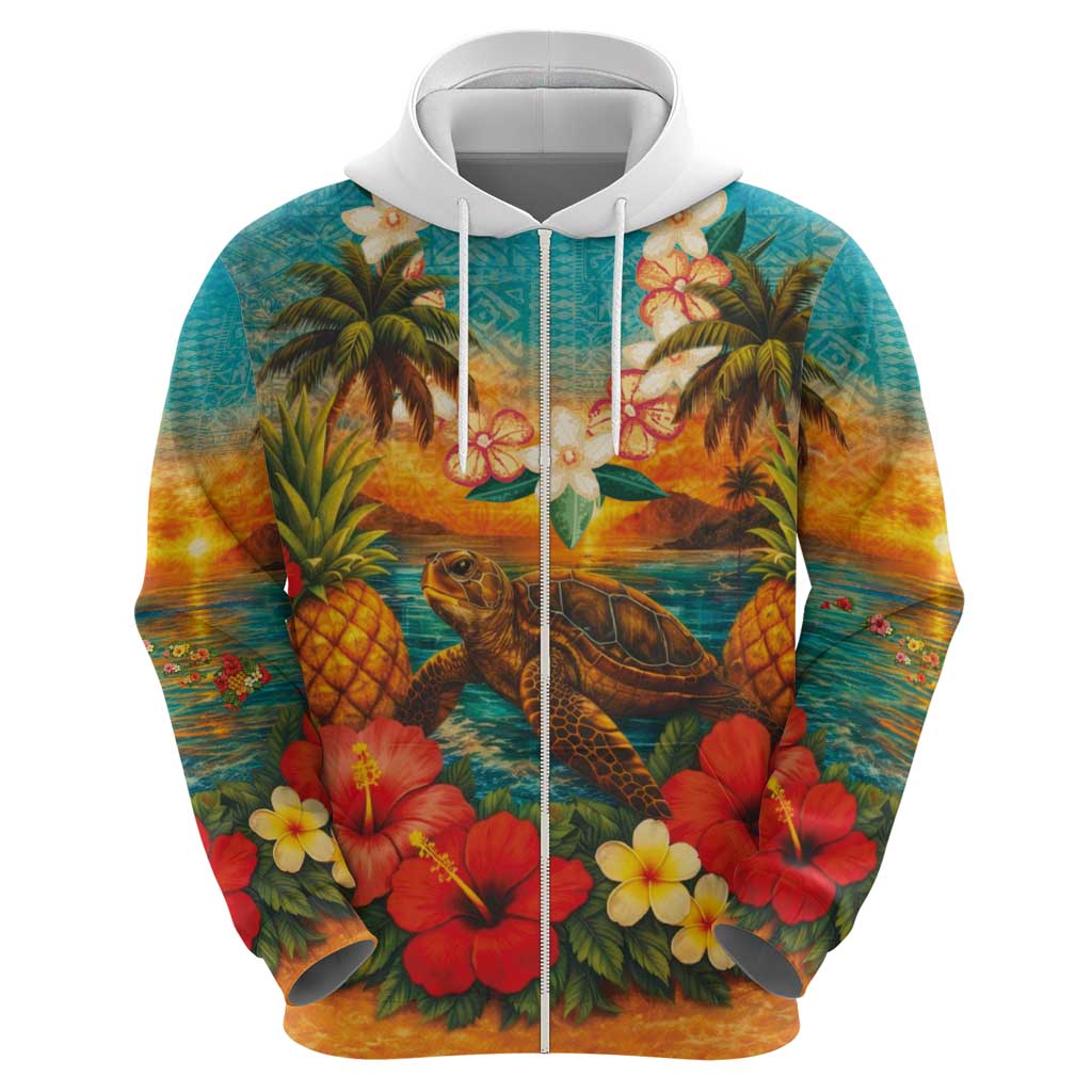 Hawaiian Turtles on Beach Zip Hoodie with Pineapple Tropical Plant and Lei