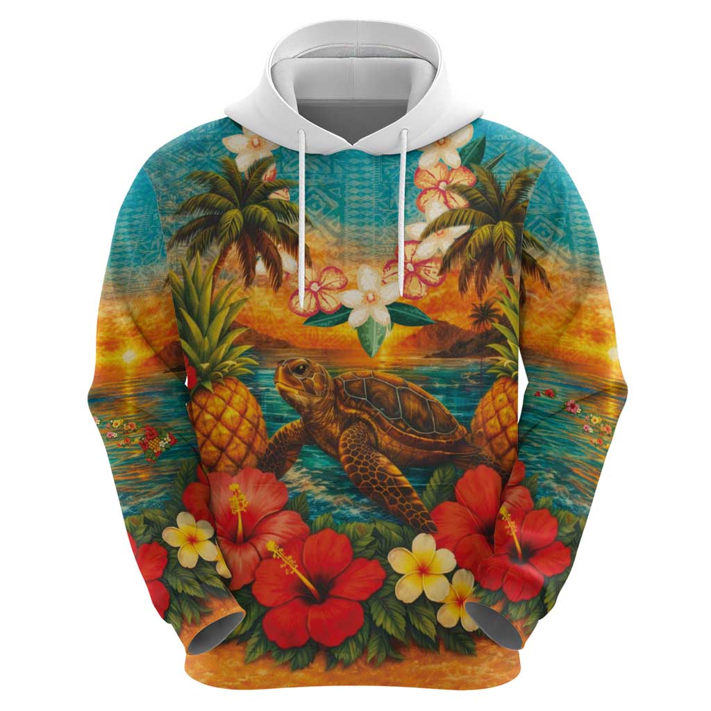 Hawaiian Turtles on Beach Zip Hoodie with Pineapple Tropical Plant and Lei