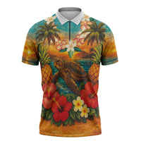 Hawaiian Turtles on Beach Zipper Polo Shirt with Pineapple Tropical Plant and Lei LT03 Multicolor - Polynesian Pride