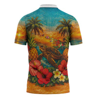Hawaiian Turtles on Beach Zipper Polo Shirt with Pineapple Tropical Plant and Lei LT03 - Polynesian Pride