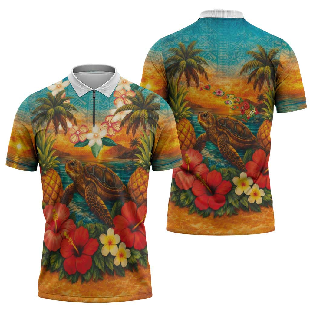 Hawaiian Turtles on Beach Zipper Polo Shirt with Pineapple Tropical Plant and Lei LT03 - Polynesian Pride