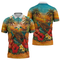 Hawaiian Turtles on Beach Zipper Polo Shirt with Pineapple Tropical Plant and Lei LT03 - Polynesian Pride