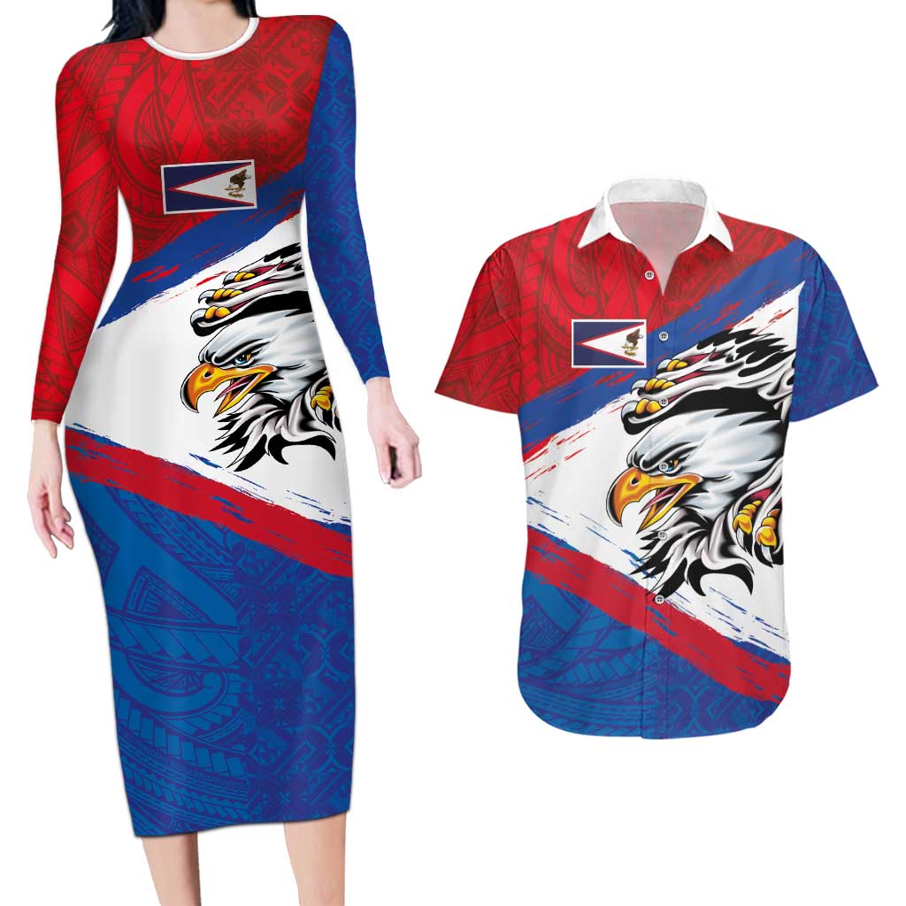 American Samoa Flag Day Couples Matching Long Sleeve Bodycon Dress and Hawaiian Shirt Polynesian Art Geometric with Flag Brush Style LT03 Multicolor - Polynesian Pride