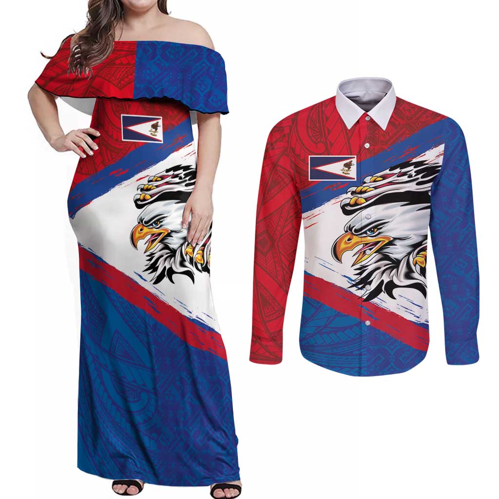 American Samoa Flag Day Couples Matching Off Shoulder Maxi Dress and Long Sleeve Button Shirt Polynesian Art Geometric with Flag Brush Style LT03 Multicolor - Polynesian Pride