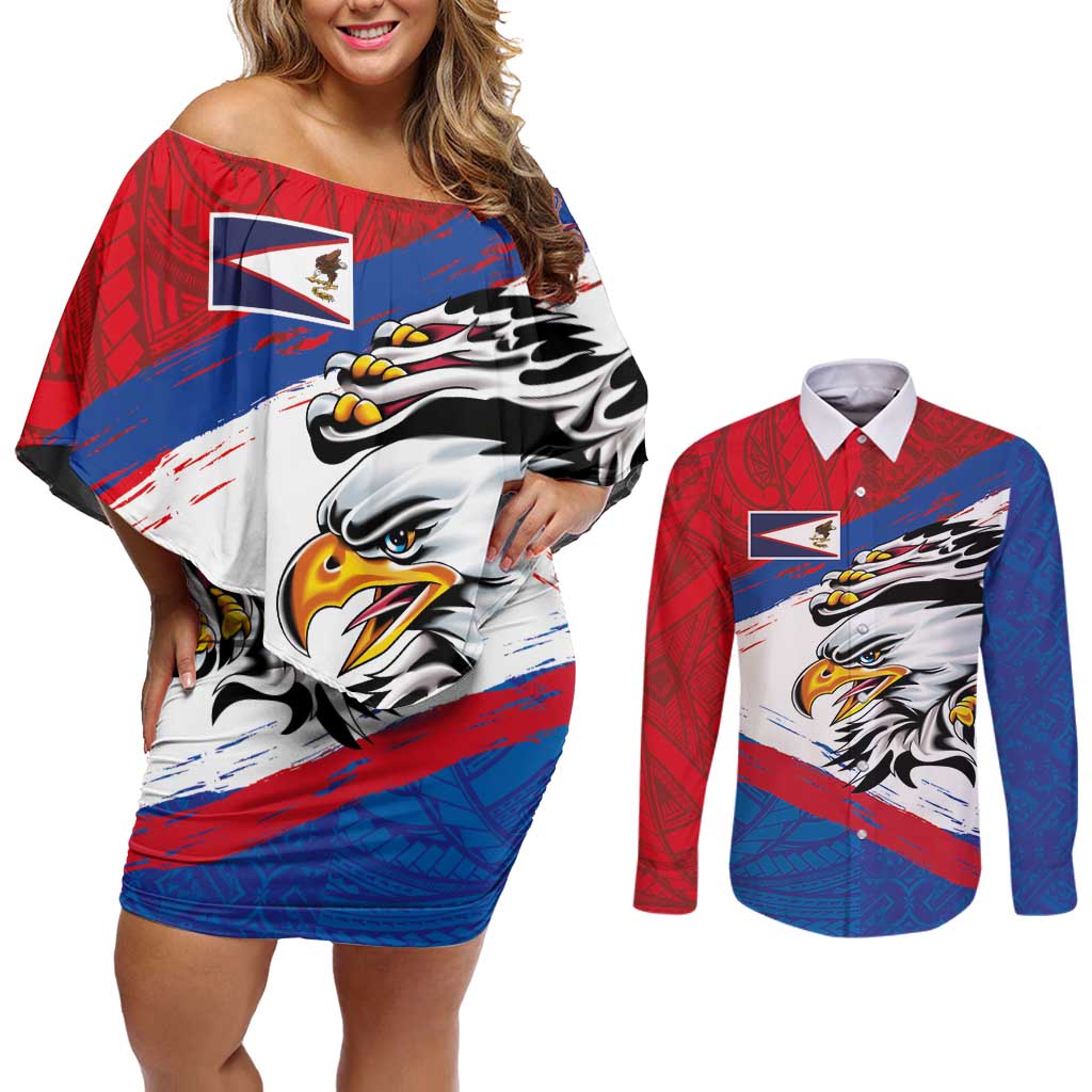 American Samoa Flag Day Couples Matching Off Shoulder Short Dress and Long Sleeve Button Shirt Polynesian Art Geometric with Flag Brush Style LT03 Multicolor - Polynesian Pride