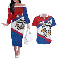 American Samoa Flag Day Couples Matching Off The Shoulder Long Sleeve Dress and Hawaiian Shirt Polynesian Art Geometric with Flag Brush Style