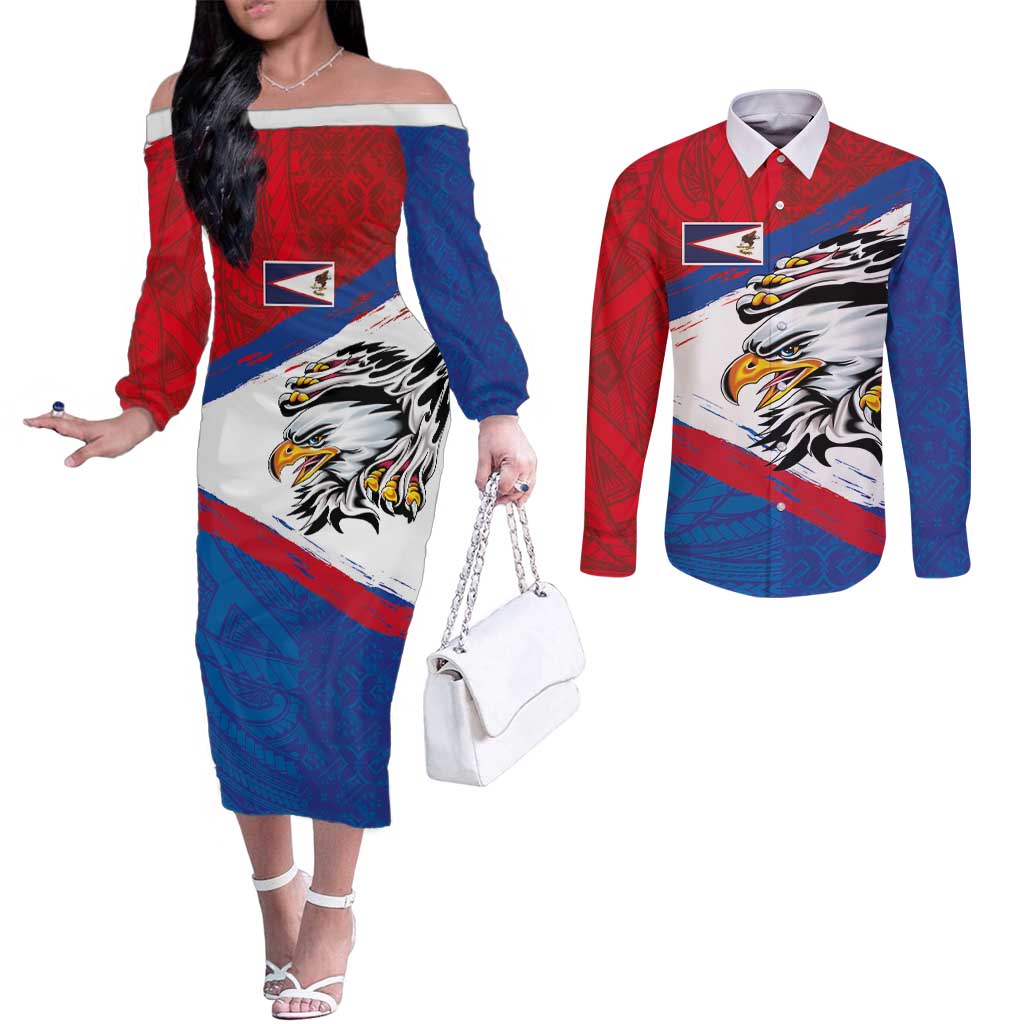 American Samoa Flag Day Couples Matching Off The Shoulder Long Sleeve Dress and Long Sleeve Button Shirt Polynesian Art Geometric with Flag Brush Style LT03 Multicolor - Polynesian Pride