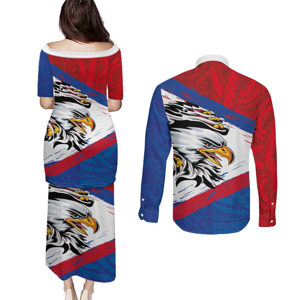 American Samoa Flag Day Couples Matching Puletasi and Long Sleeve Button Shirt Polynesian Art Geometric with Flag Brush Style LT03 - Polynesian Pride