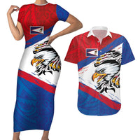 American Samoa Flag Day Couples Matching Short Sleeve Bodycon Dress and Hawaiian Shirt Polynesian Art Geometric with Flag Brush Style