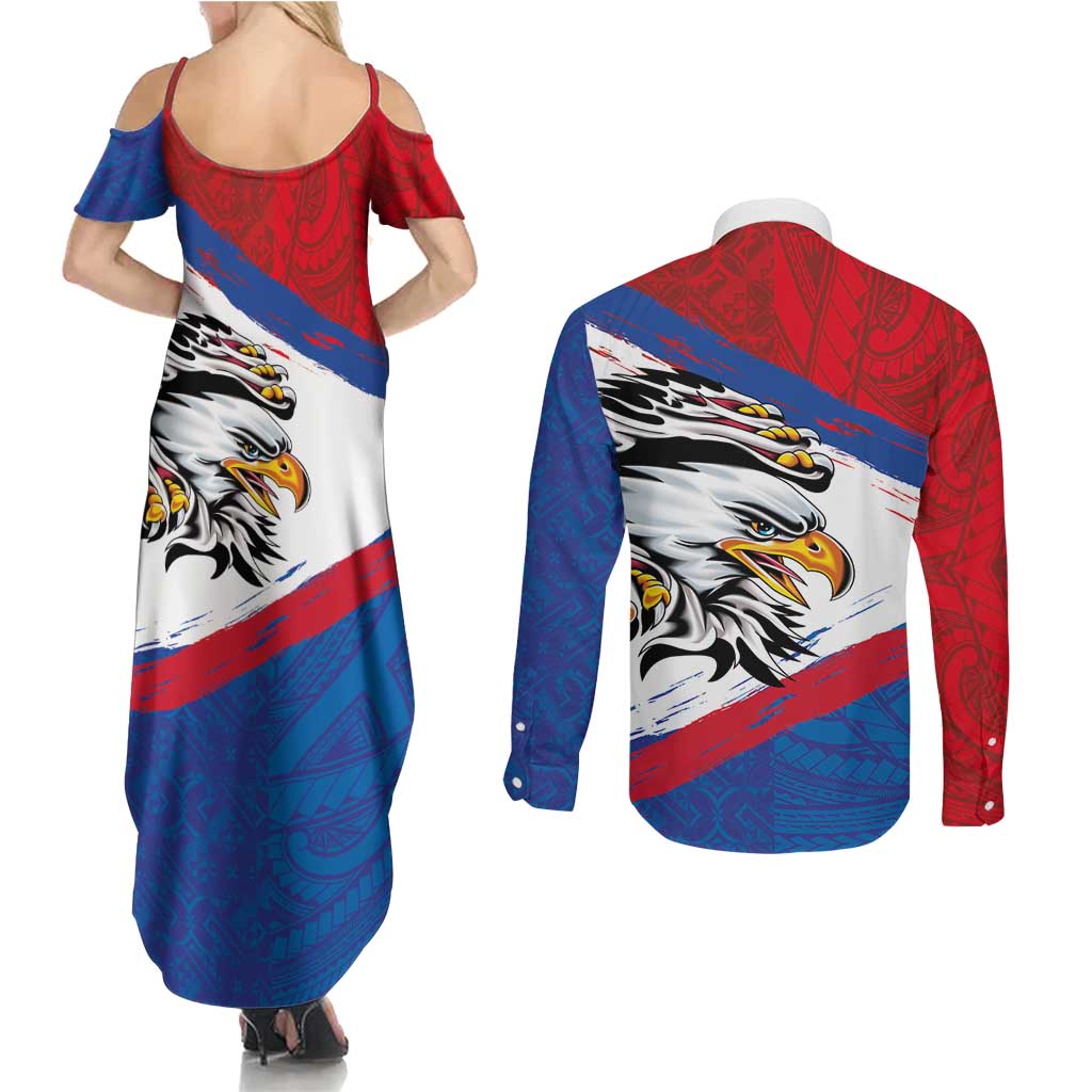 American Samoa Flag Day Couples Matching Summer Maxi Dress and Long Sleeve Button Shirt Polynesian Art Geometric with Flag Brush Style LT03 - Polynesian Pride