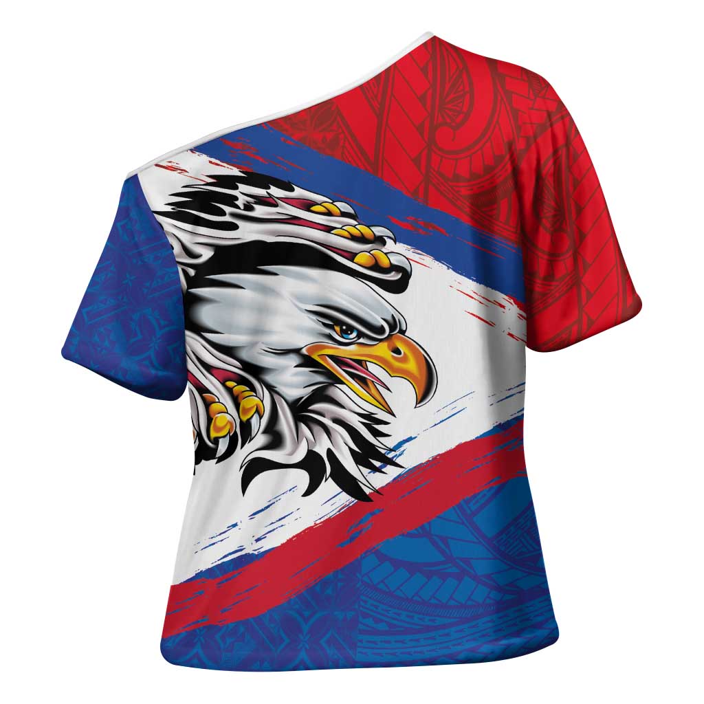 American Samoa Flag Day Cross Shoulder Shirt Polynesian Art Geometric with Flag Brush Style LT03 - Polynesian Pride