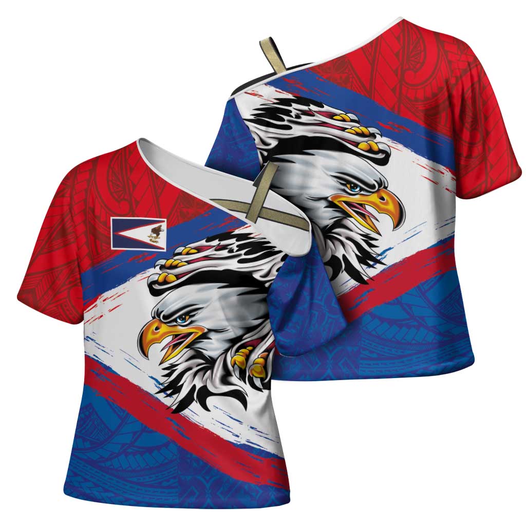 American Samoa Flag Day Cross Shoulder Shirt Polynesian Art Geometric with Flag Brush Style LT03 - Polynesian Pride