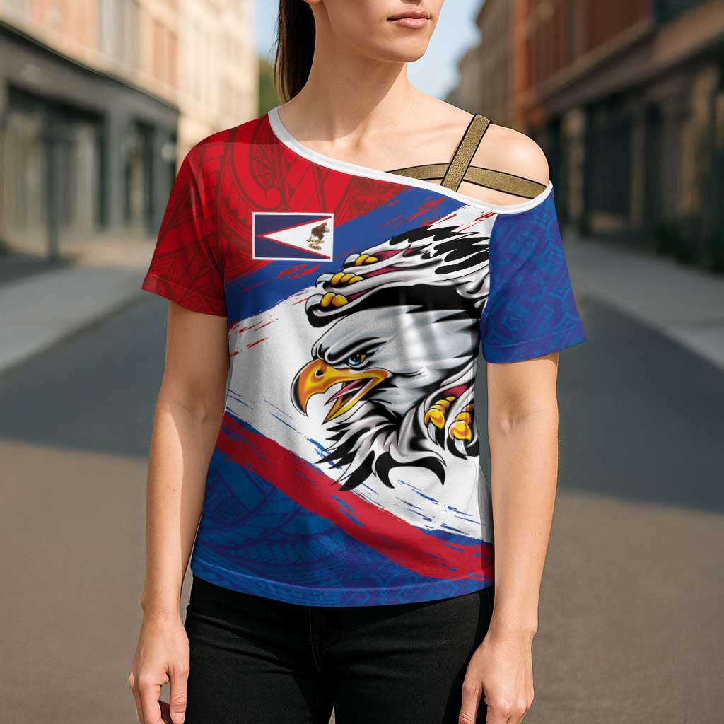 American Samoa Flag Day Cross Shoulder Shirt Polynesian Art Geometric with Flag Brush Style LT03 - Polynesian Pride