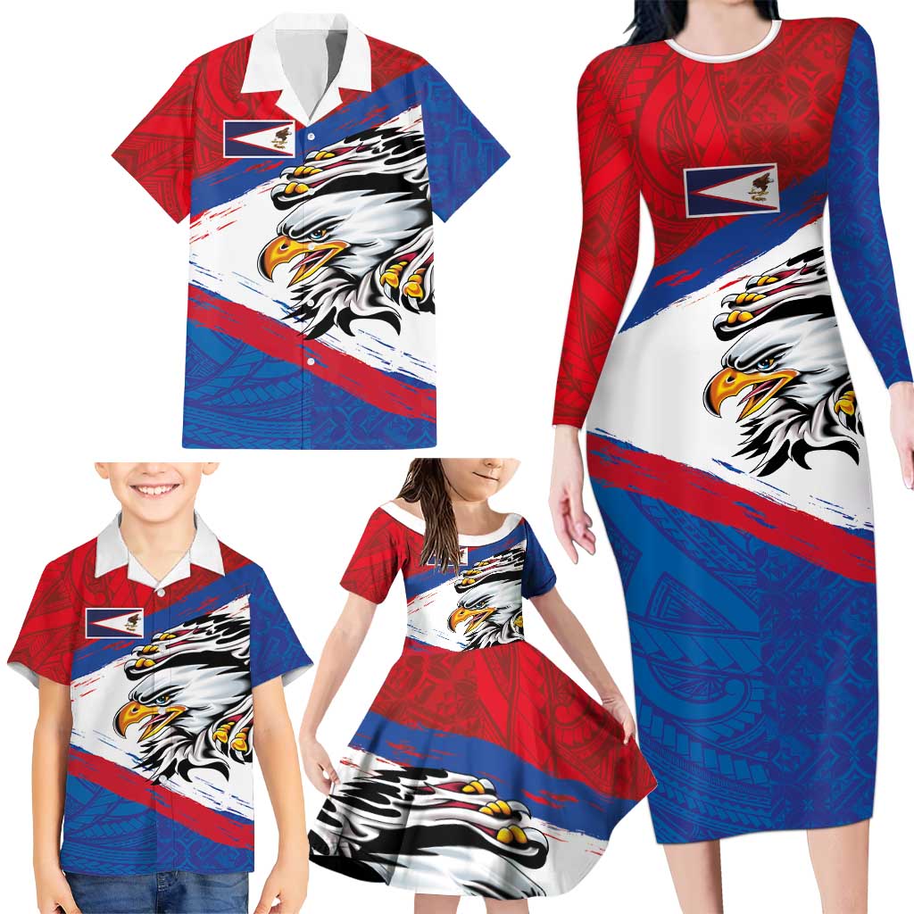 American Samoa Flag Day Family Matching Long Sleeve Bodycon Dress and Hawaiian Shirt Polynesian Art Geometric with Flag Brush Style
