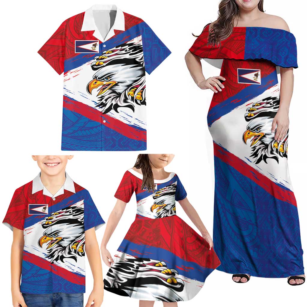 American Samoa Flag Day Family Matching Off Shoulder Maxi Dress and Hawaiian Shirt Polynesian Art Geometric with Flag Brush Style LT03 - Polynesian Pride