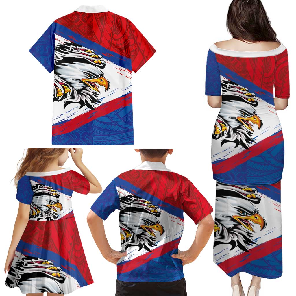 American Samoa Flag Day Family Matching Puletasi and Hawaiian Shirt Polynesian Art Geometric with Flag Brush Style